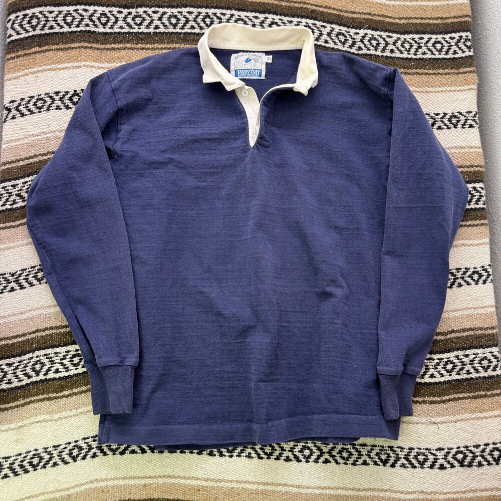 Men's Vintage 90's Lands' End Navy Blue Cotton Heavyweight Rugby Shirt Sz XL VTG